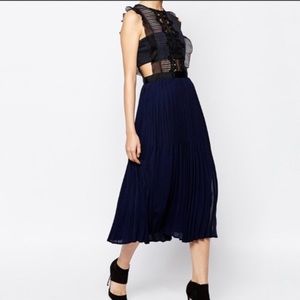 Self Portrait Lace Crochet Pleated Navy Midi Dress